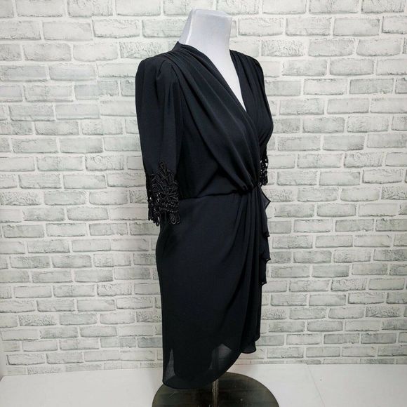 Vintage 80s 90s Ursula of Switzerland Black Surplice Faux Wrap Sheath Dress - Picture 6 of 10